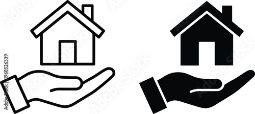 A set of vector line art illustrations depicting hands holding houses in a design concept for real estate and property