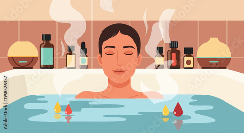 A calm person bathing in a tub with essential oil bottles and vaporous steam