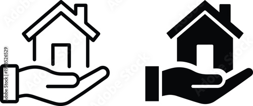 A set of line art vector illustrations depicting hands holding houses in silhouette design concept
