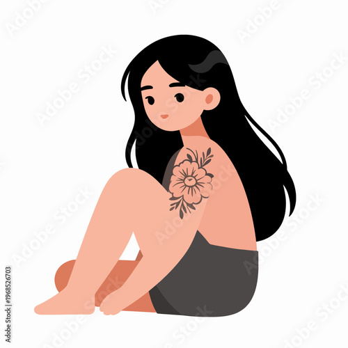 Beautiful young East Asian woman with long black hair and floral tattoos sitting in a relaxed pose, minimalist flat vector illustration, artistic modern aesthetic, calm and peaceful mood