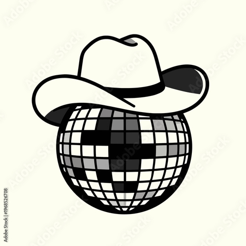 Retro Flat Vector Illustration of a Single Disco Ball Wearing a Cowboy Hat, Minimalist Black Line Art for 1970s Aesthetic and Nashville Bachelorette Party Decor, Isolated on White Background.