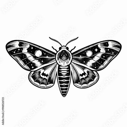 Intricate black and white flat vector illustration of a single mystical hawk moth with ornate celestial wing patterns and stippling, isolated on white background for nature and occult concepts.