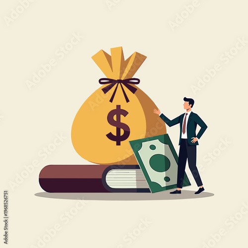 businessman standing near giant money bag on books, financial literacy blogs, investment websites, banking services infographics, education and wealth awareness, with copy space