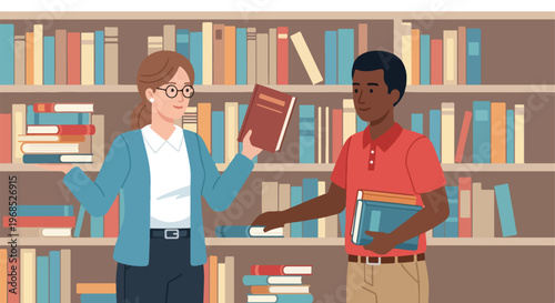 Two people standing in front of bookshelves holding stacks of colorful library books