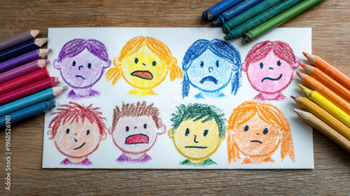 Child drawing face emotion crayon art kids feelings colorful cartoon portrait happy sad angry surprised scared mood childlike doodle expression