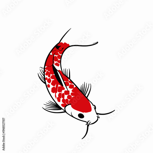 Traditional Japanese Koi Fish Flat Vector Illustration, Elegant Red and Black Spotted Nishikigoi Swimming, Minimalist Asian Carp Graphic Isolated on White Background for Zen Concept Design