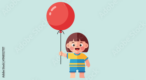 A young cartoon girl with brown hair holding a bright red balloon while smiling