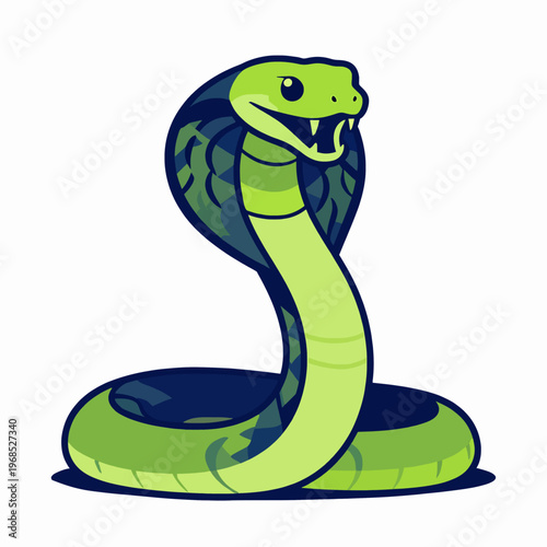 Powerful king cobra snake flat vector illustration, aggressive serpent striking with open mouth and fangs, minimalist wildlife mascot isolated on white for sports branding or tattoo design.
