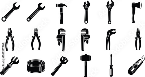 Black silhouette tool icons, hammer wrench screwdriver pliers gear axe knife mallet pipe wrench tape roll construction repair maintenance vector set