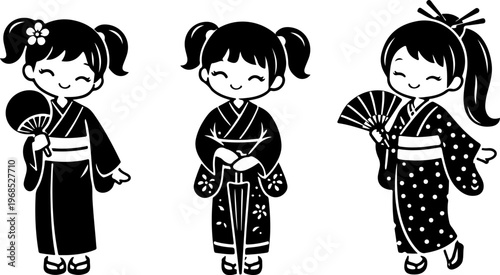 Chibi Girls in Kimonos Holding Fans Traditional Japanese Attire Vector Silhouette Kawaii Style