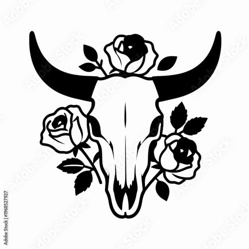 Minimalist flat vector illustration of a single longhorn bull skull with blooming wild roses, western desert aesthetic, clean black line art isolated on white background for nature concept.