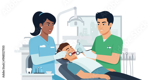 Two dentists treating a patient lying on a chair in a medical dental clinic