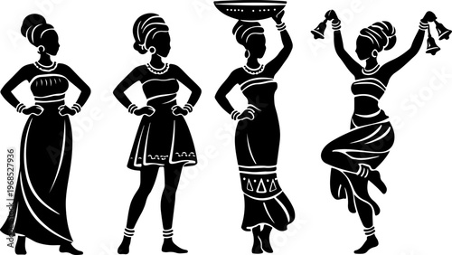 Silhouettes of African Women in Traditional Attire Posing and Dancing Isolated on White Background Graphic Style