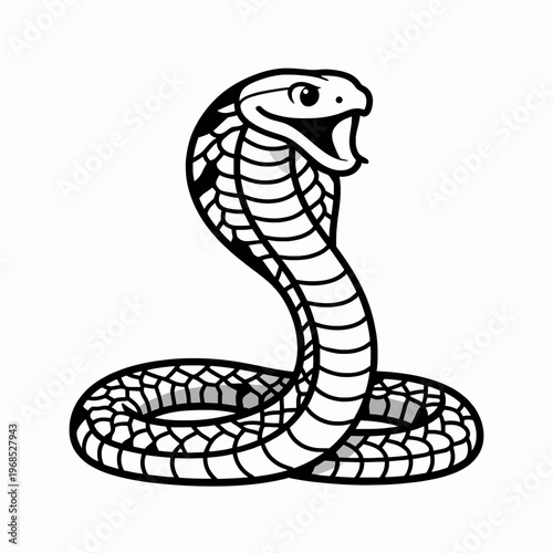 Minimalist flat vector illustration of a single striking king cobra snake with open mouth and fangs, isolated on white background, black and white graphic art for wildlife and nature concepts.