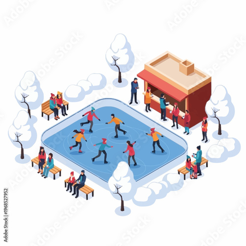Isometric Ice Skating Rink with People and Snack Stand.