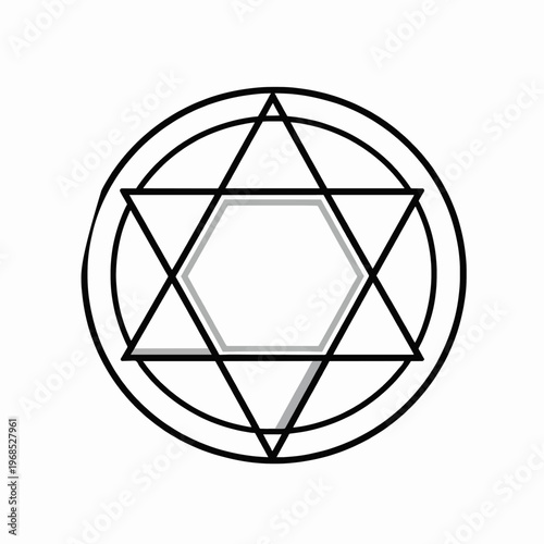 Minimalist Sacred Geometry Sri Yantra Vector Illustration, Black Line Art Symmetrical Triangle Pattern for Spiritual Meditation and Zen Yoga Concept, Isolated on White Background