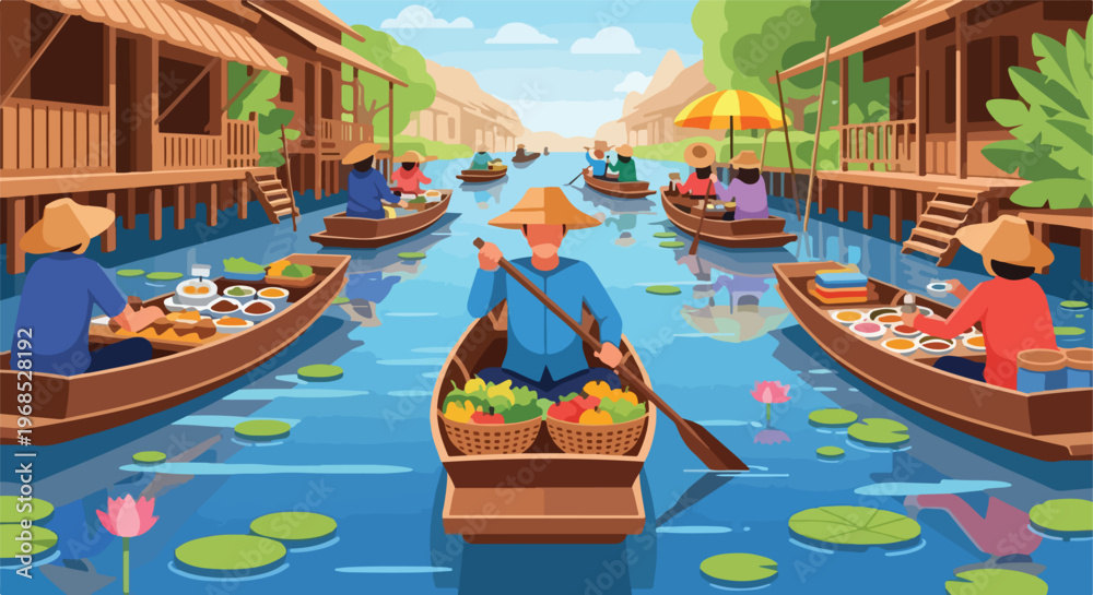 Obraz premium People in wooden boats trading fresh produce on a canal in a sunny village scene