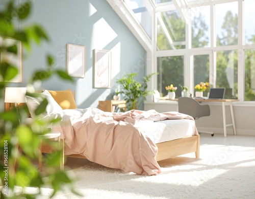Bright Cozy Bedroom Interior with Natural Light.