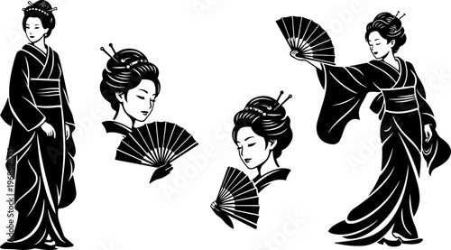 Japanese Geisha Women Posing with Traditional Fans in Silhouette Style