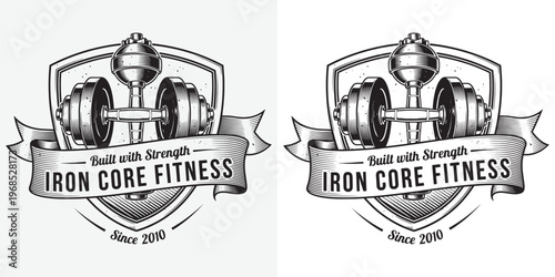 Iron Core Fitness Gym Logo, Heavy Dumbbell and Kettlebell Shield Emblem with Ribbon, Vintage Strongman Style