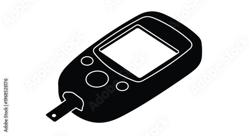 Black and white illustration of a glucose monitoring device with test strip