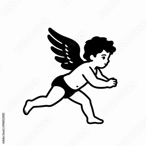 Classical flying cherub Cupid angel, black and white flat vector illustration of a young male celestial being in a woodcut engraving style, isolated on white, mythological character concept art.