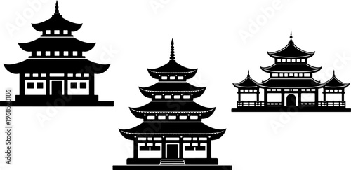 Pagoda Silhouettes Isolated on White Traditional Asian Architecture Minimalist Vector Graphics