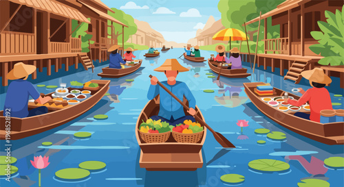 People in wooden boats trading fresh produce on a canal in a sunny village scene