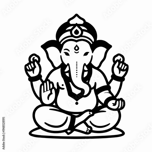 Minimalist Flat Vector Illustration of a Single Seated Hindu God Ganesha, Traditional Religious Spiritual Icon, Cultural South Asian Indian Deity Character Isolated on White Background