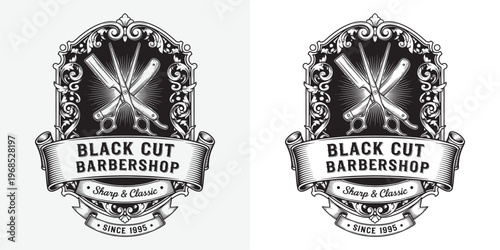 Black Cut Barbershop Logo, Crossed Straight Razors and Scissors with Ornate Baroque Frame, Classic Gentleman Style