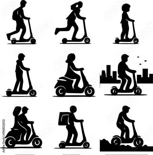 black silhouettes of people riding electric scooters