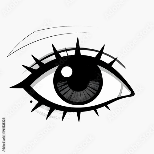 Minimalist flat vector illustration of a single human eye with grainy stipple shading, retro punk rock aesthetic, isolated on white background, vision and perception concept graphic.