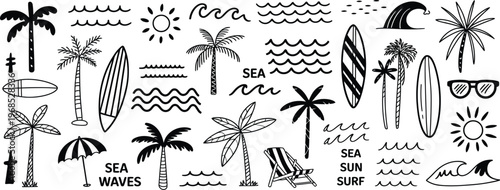 Hand Drawn Beach and Surf Doodle Icon Set, Tropical Vector Illustration with Palm Trees, Waves, Surfboards and Sun for Summer Design, T-shirt Prints, Posters and Coastal Graphics