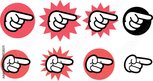 Collection of cartoon finger pointing icons with different backgrounds and styles for design purposes