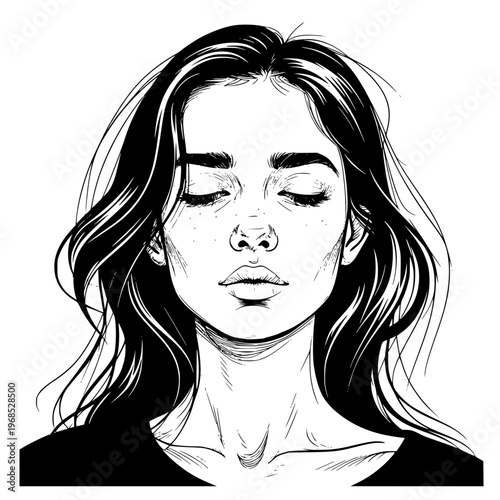 A thoughtful woman's face, long hair pulled back into a bun. Vector illustration. The girl's face is isolated on a white background. Concept for care, mental health, and fatigue from problems.