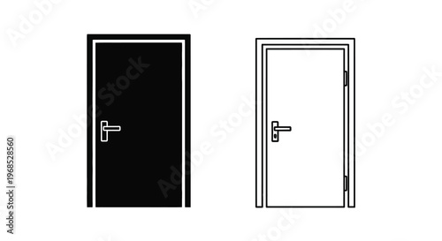 Two doors depicted in contrasting black and white line art styles