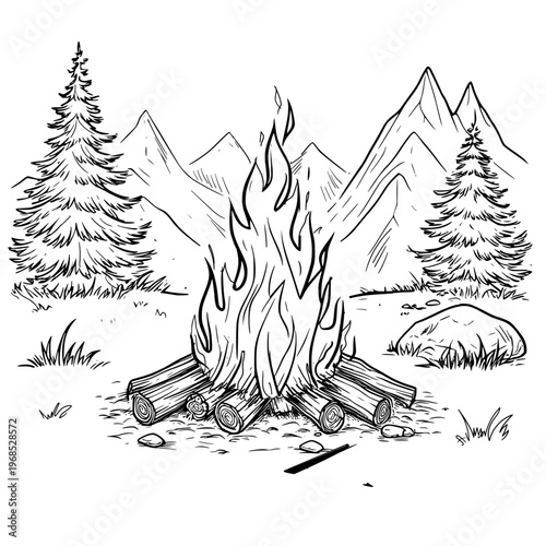 Camping fire in the forest in a clearing, black and white sketch. Vector illustration. Hiking in the mountains, travel, drawing on a white background