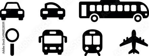 Collection of simple flat design icons representing various modes of transportation and search isolated on transparent background