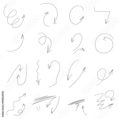 Arrows of different shapes, simple linear pattern. Vector illustration. A set of simple arrows is isolated on a white background