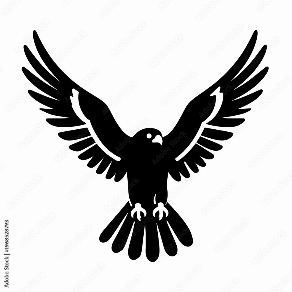 Obraz premium Minimalist Black and White Flat Vector Illustration of a Single Soaring Falcon with Outstretched Wings, Tribal Style Bird of Prey Silhouette Isolated on White Background for Graphic Design