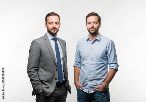 Two men dressed in professional and casual attire