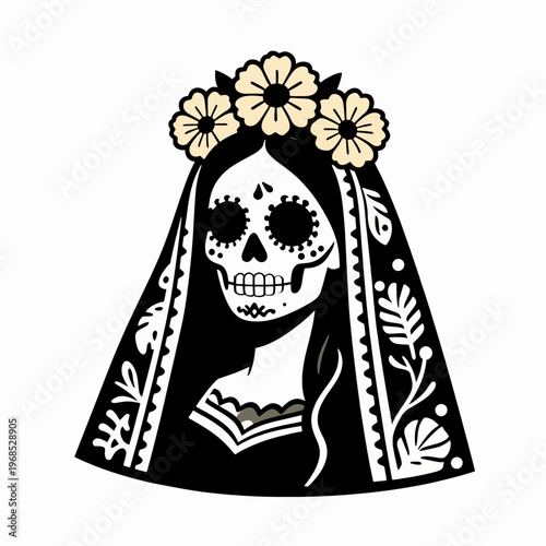 Mexican Catrina woman with sugar skull face paint and marigold crown, Hispanic female adult in traditional Day of the Dead attire, spiritual concept, isolated on white background