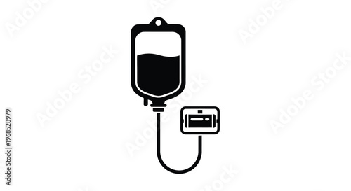 Simple black and white icon of an iv drip bag with a charging symbol