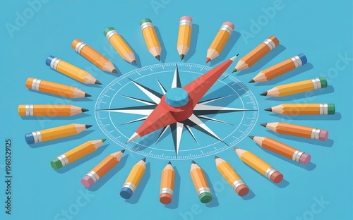 A colorful compass surrounded by creative pencils on a blue background