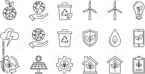 Green energy and sustainability outline icon set featuring recycling wind turbine solar power and eco protection symbols