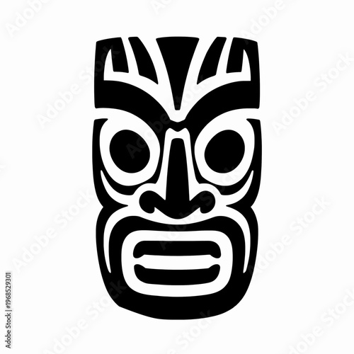 Minimalist flat vector illustration of a single Maori tiki mask with traditional indigenous tribal patterns, representative of New Zealand heritage and Polynesian culture, isolated on white.