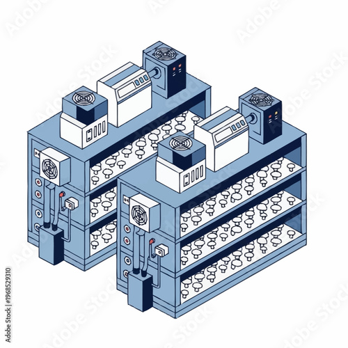 Isometric illustration of two vertical farming racks with plants and equipment.