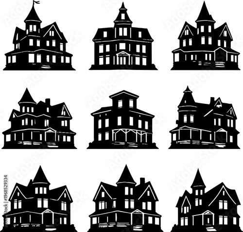 black and white silhouette houses set