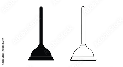 Two black and white illustrations of a traditional sink plunger