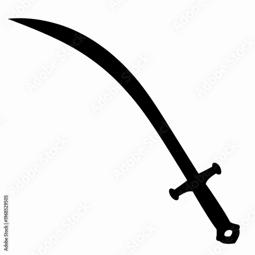 Black Silhouette of a Single Ornate Scimitar Sword, Flat Vector Illustration of a Curved Fantasy Blade with Decorative Hilt for Gaming and Concept Art, Isolated on White Background, Medieval Weapon